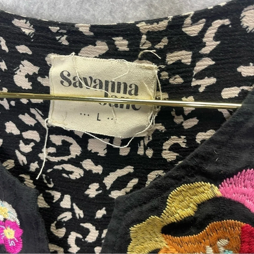 Savanna Jane Notch Neck Boho Leopard Print with Floral Embroidery in Black